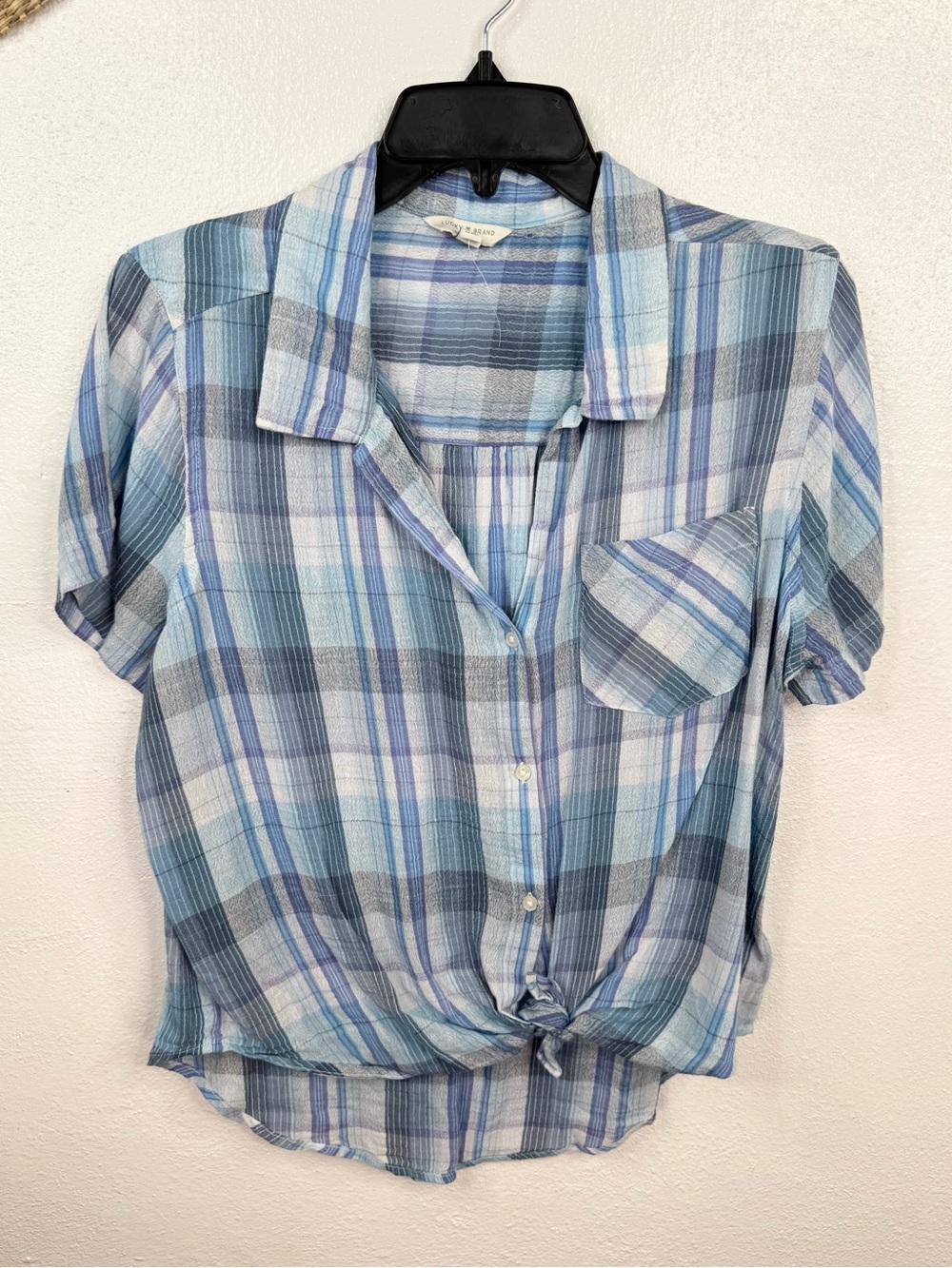 Lucky Brand Button-Up Shirt Size S Blue White Plaid Short Sleeve Tie Front